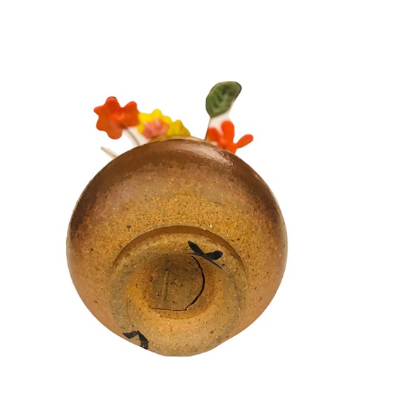 Miniature Czech Glass Flowers in Pottery Vase 5” Midcentury Vintage Boho Orange - Picture 11 of 12
